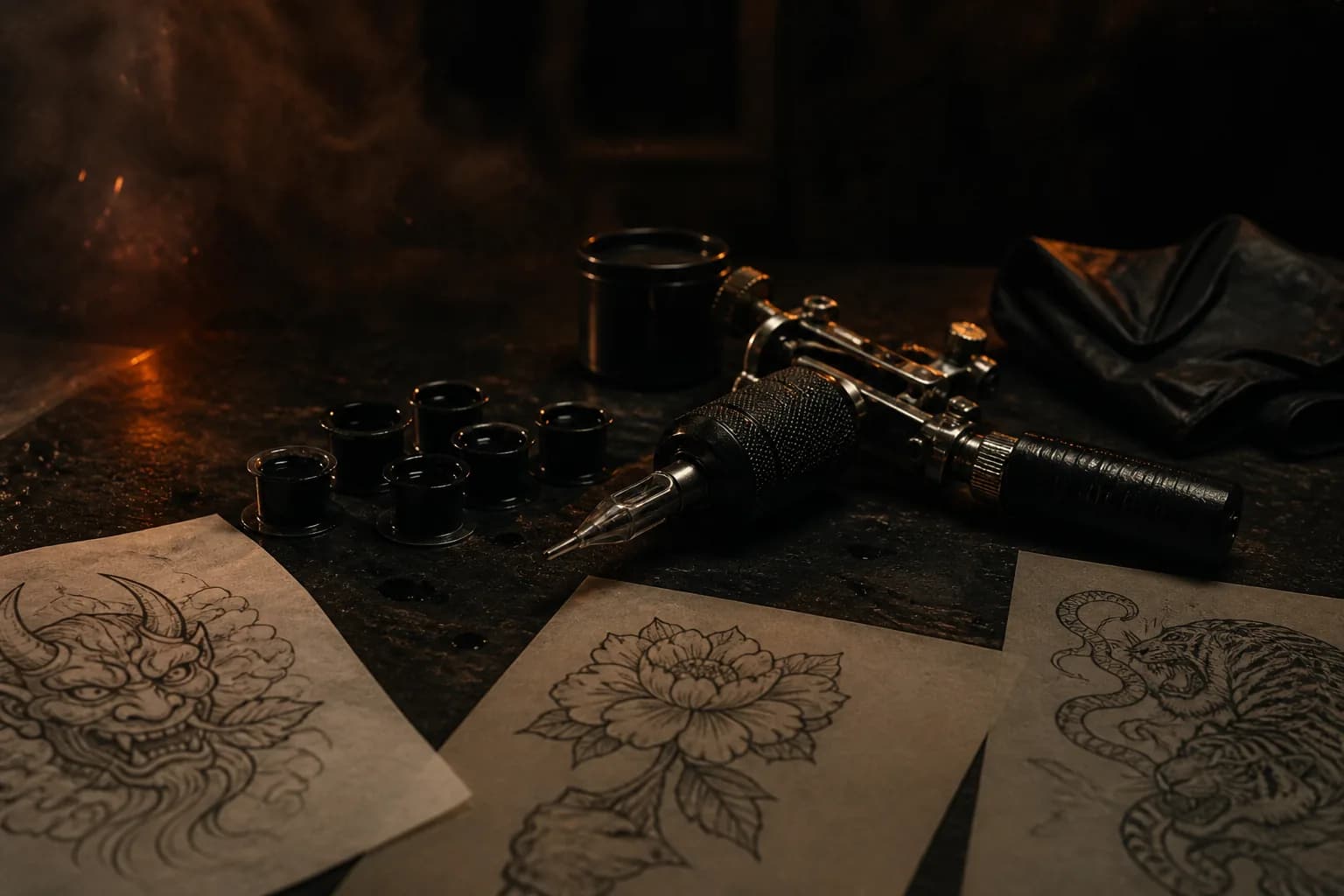 Mesa editorial de tatuagem com equipamentos profissionais e desenhos flash